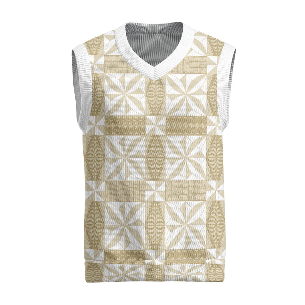 Beige Ngatu Pattern Malo e Lelei Tonga Christmas Knitted V-Neck Vest