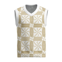 Beige Ngatu Pattern Malo e Lelei Tonga Christmas Knitted V-Neck Vest