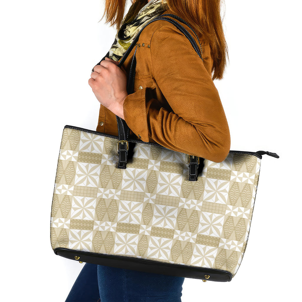 Beige Ngatu Pattern Malo e Lelei Tonga Leather Tote Bag LT14 Beige - Polynesian Pride