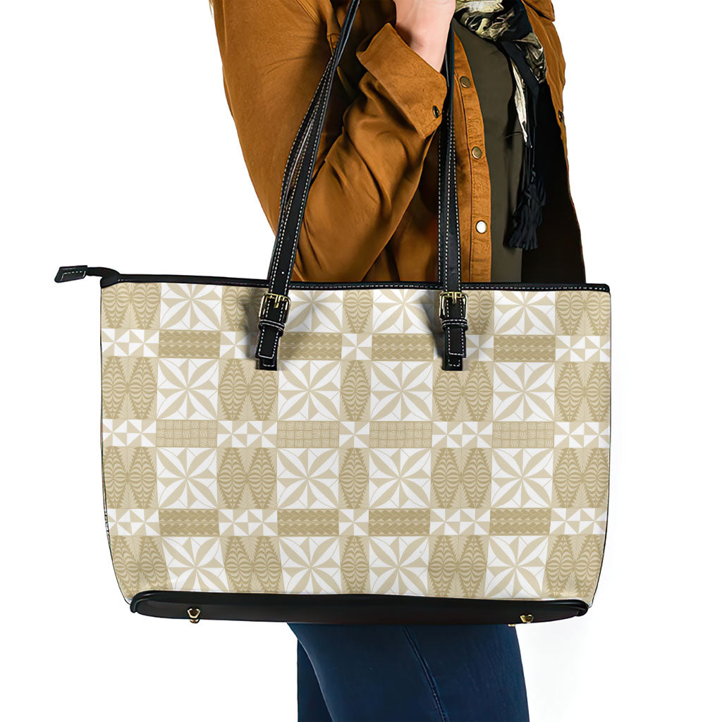 Beige Ngatu Pattern Malo e Lelei Tonga Leather Tote Bag LT14 - Polynesian Pride