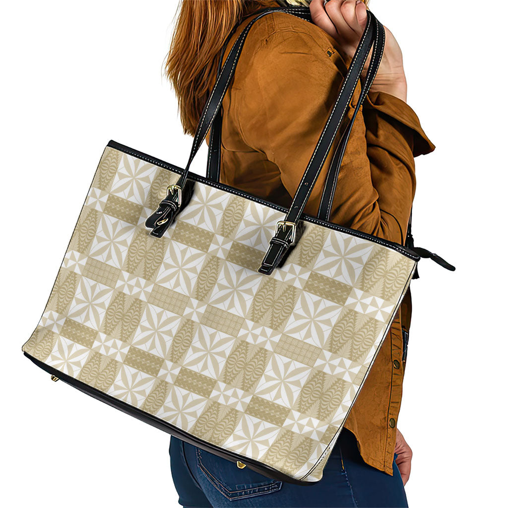 Beige Ngatu Pattern Malo e Lelei Tonga Leather Tote Bag LT14 - Polynesian Pride
