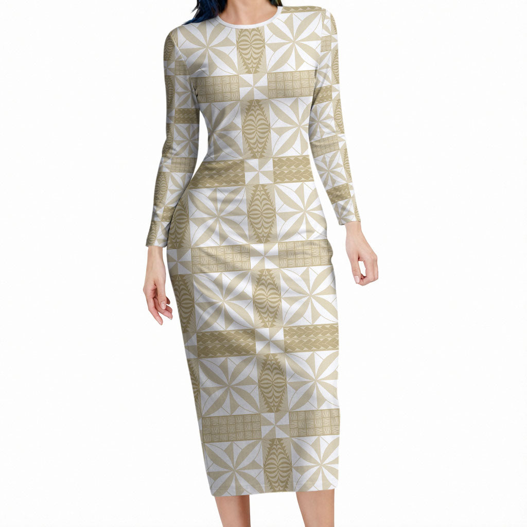 Beige Ngatu Pattern Malo e Lelei Tonga Long Sleeve Bodycon Dress LT14 Long Dress Beige - Polynesian Pride