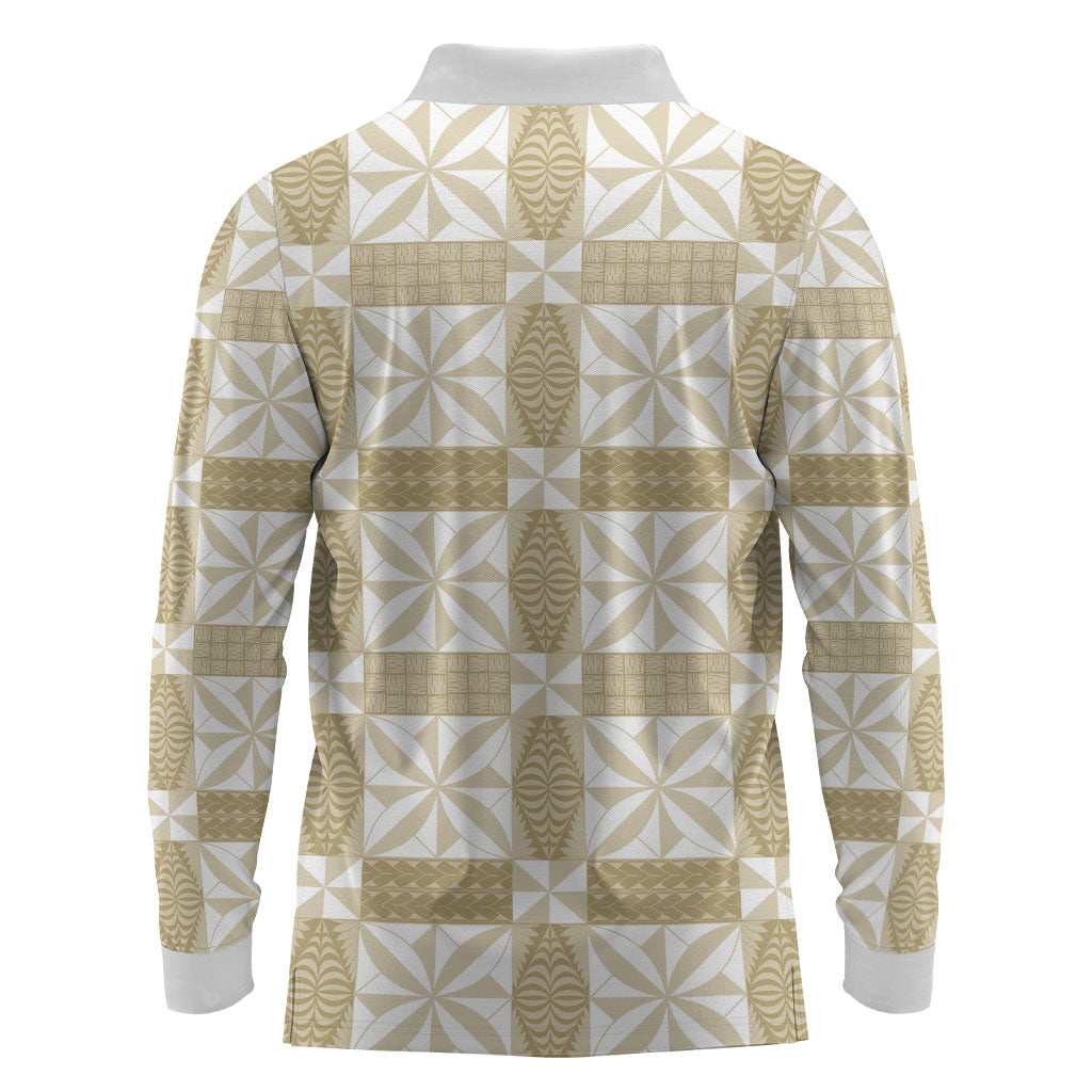Beige Ngatu Pattern Malo e Lelei Tonga Long Sleeve Polo Shirt LT14 - Polynesian Pride