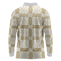 Beige Ngatu Pattern Malo e Lelei Tonga Long Sleeve Polo Shirt LT14 - Polynesian Pride