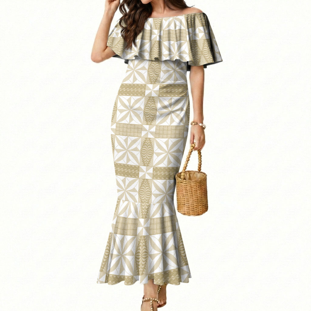 Beige Ngatu Pattern Malo e Lelei Tonga Mermaid Dress LT14 Women Beige - Polynesian Pride