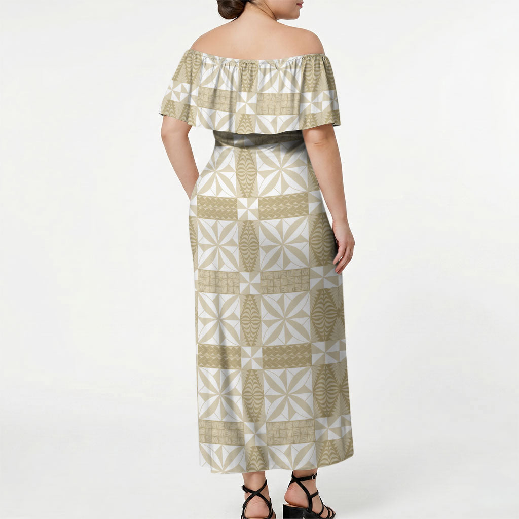Beige Ngatu Pattern Malo e Lelei Tonga Off Shoulder Maxi Dress LT14 - Polynesian Pride