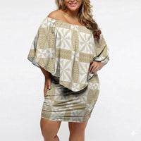 Beige Ngatu Pattern Malo e Lelei Tonga Off Shoulder Short Dress LT14 Women Beige - Polynesian Pride