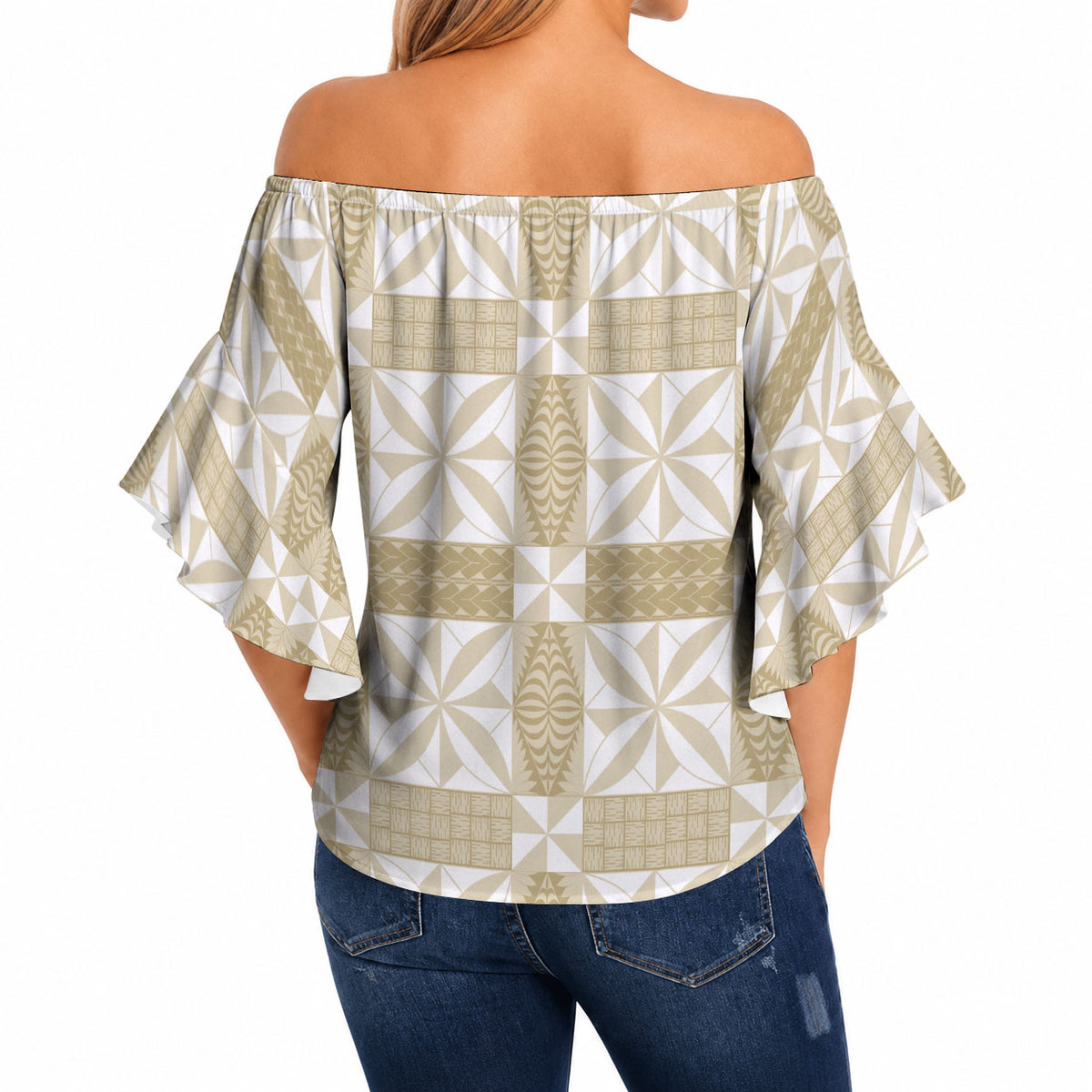 Beige Ngatu Pattern Malo e Lelei Tonga Off Shoulder Wrap Waist Top LT14 - Polynesian Pride