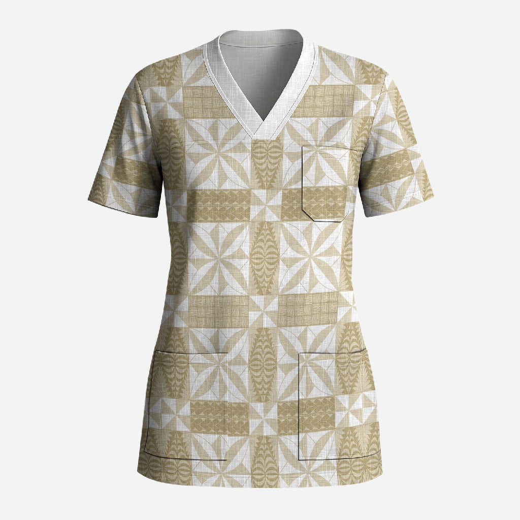 Beige Ngatu Pattern Malo e Lelei Tonga Scrub Top LT14 Adult Beige - Polynesian Pride