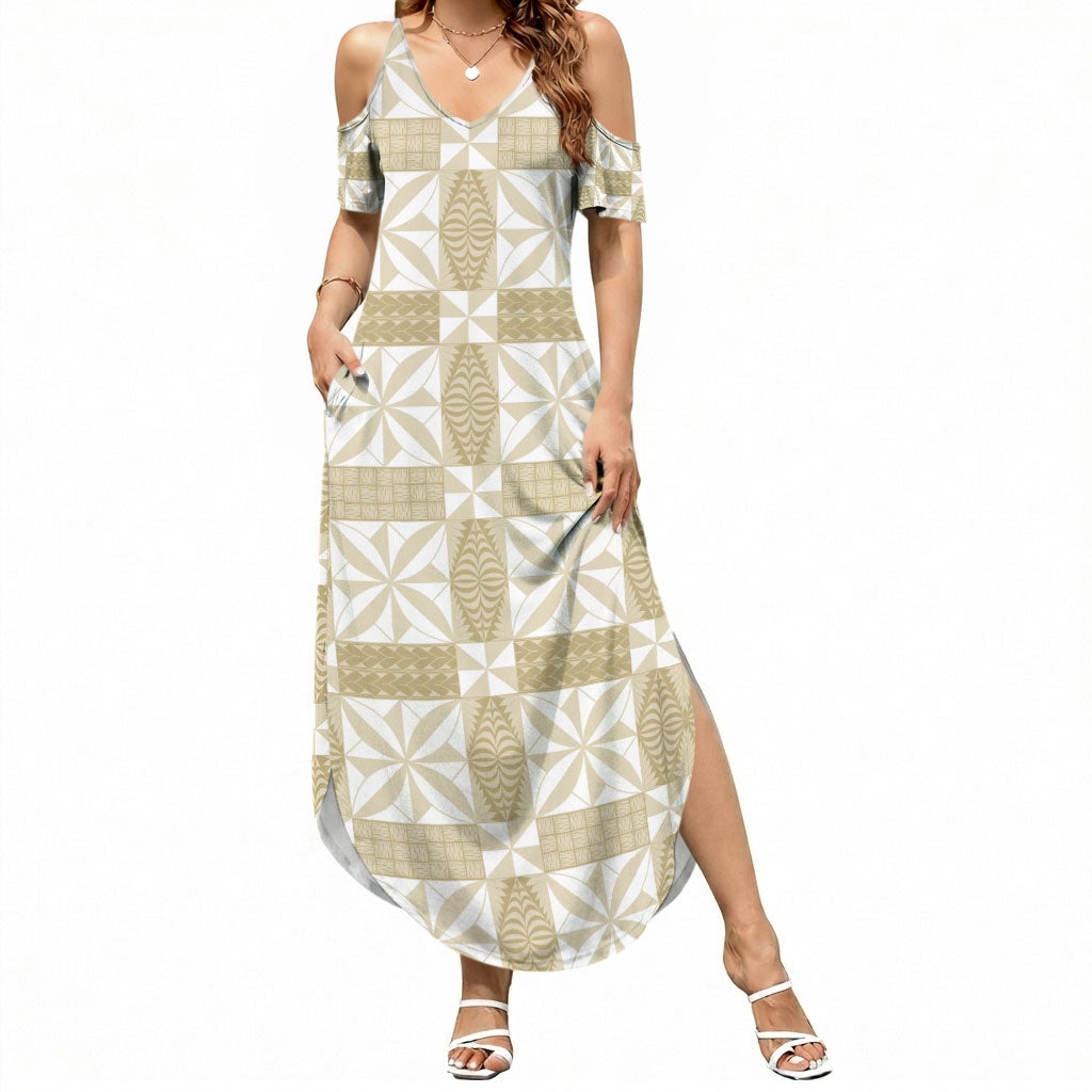 Beige Ngatu Pattern Malo e Lelei Tonga Summer Maxi Dress LT14 Women Beige - Polynesian Pride