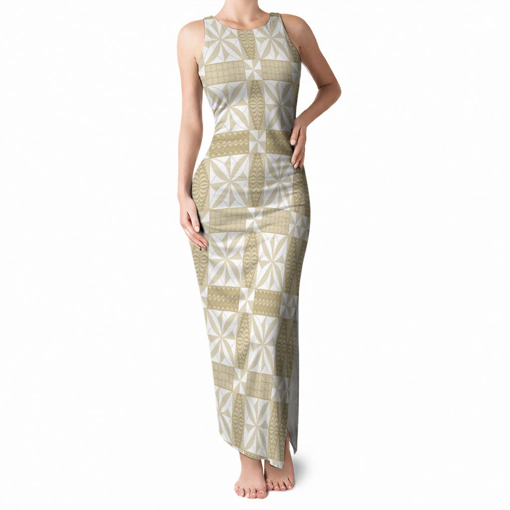 Beige Ngatu Pattern Malo e Lelei Tonga Tank Maxi Dress LT14 Women Beige - Polynesian Pride