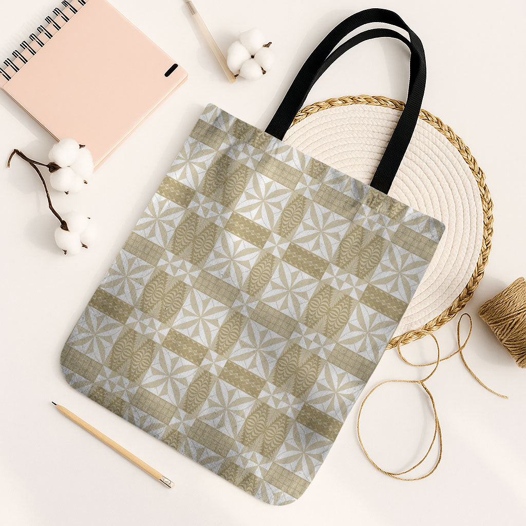 Beige Ngatu Pattern Malo e Lelei Tonga Tote Bag LT14 Black Strap One Size Beige - Polynesian Pride