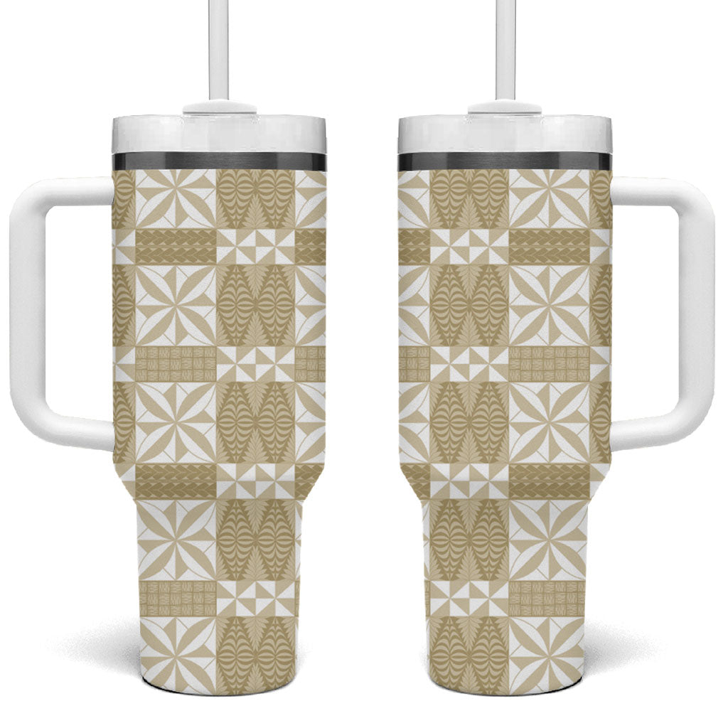 Beige Ngatu Pattern Malo e Lelei Tonga Tumbler With Handle LT14 One Size: 40 oz Beige - Polynesian Pride