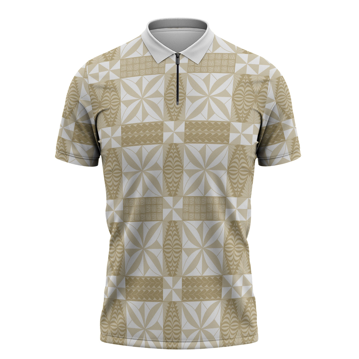 Beige Ngatu Pattern Malo e Lelei Tonga Zipper Polo Shirt