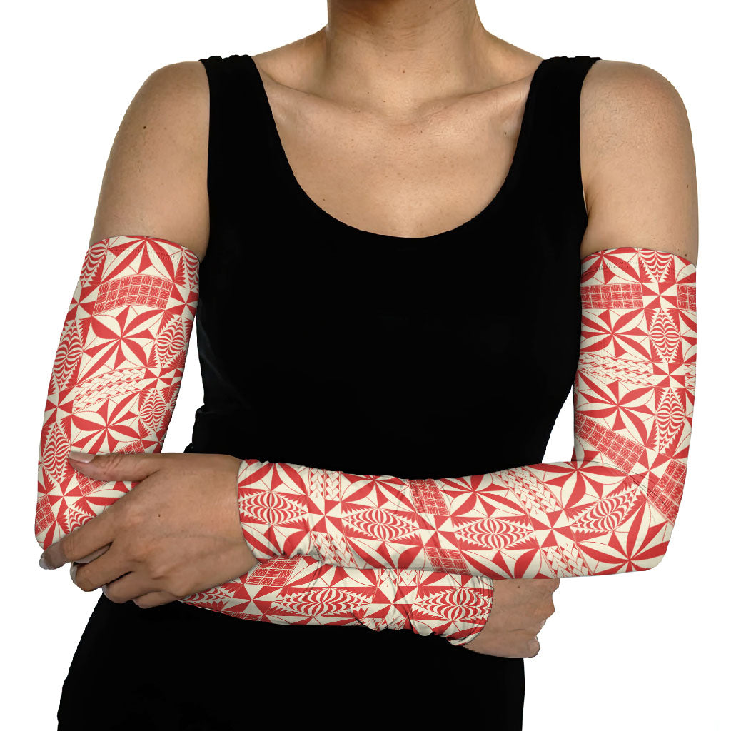 Red Ngatu Pattern Malo e Lelei Tonga Arm Sleeves LT14 - Polynesian Pride