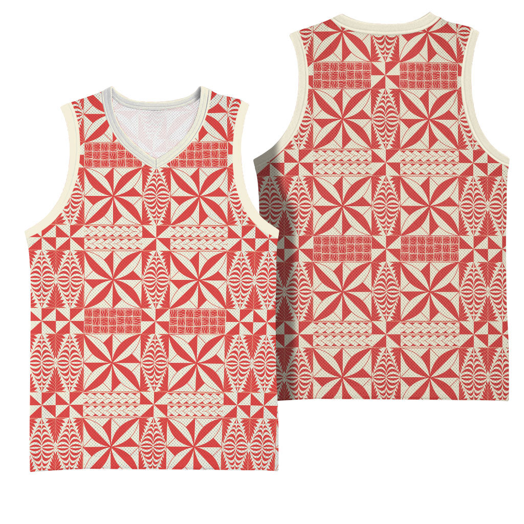 Red Ngatu Pattern Malo e Lelei Tonga Basketball Jersey LT14 - Polynesian Pride