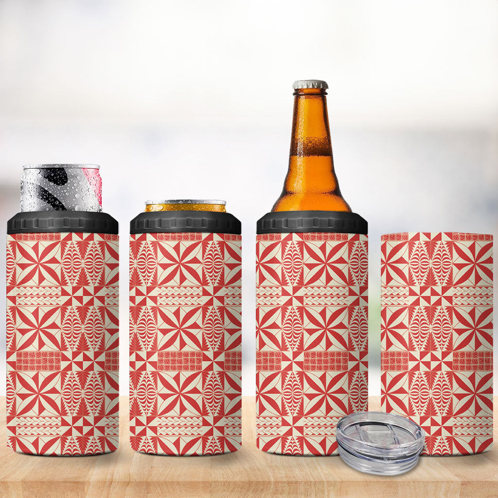 Red Ngatu Pattern Malo e Lelei Tonga 4 in 1 Can Cooler Tumbler LT14 - Polynesian Pride