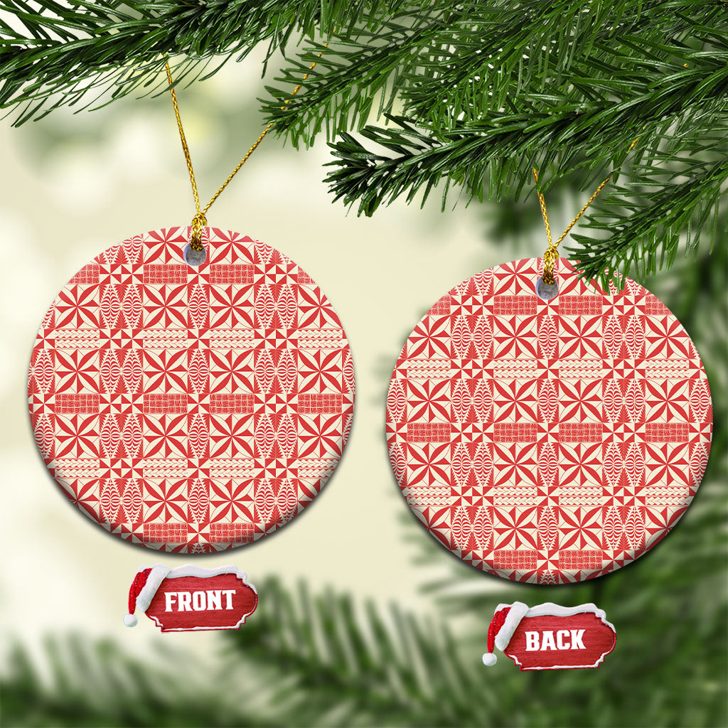 Red Ngatu Pattern Malo e Lelei Tonga Ceramic Ornament LT14 Circle Red - Polynesian Pride