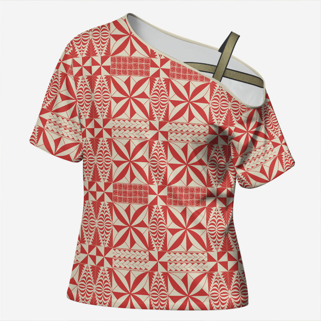 Red Ngatu Pattern Malo e Lelei Tonga Cross Shoulder Shirt LT14 Female Red - Polynesian Pride