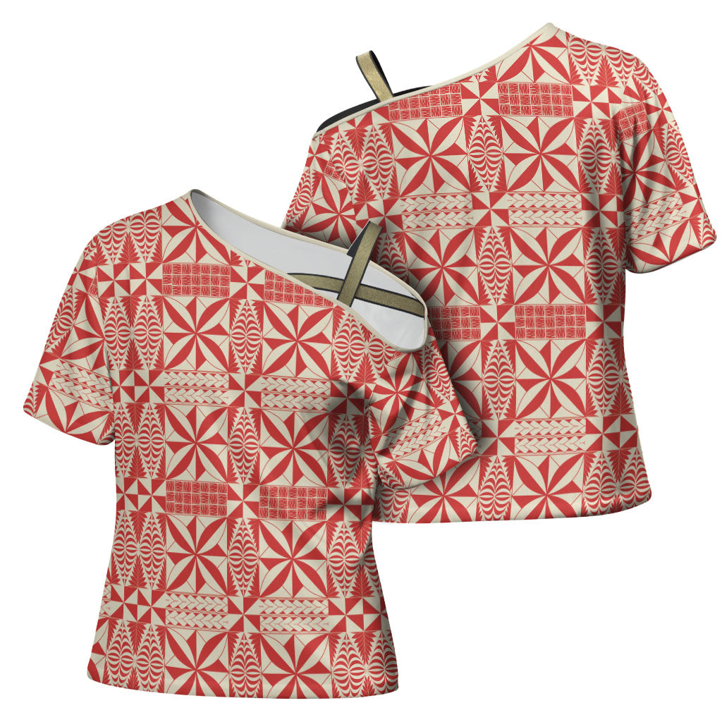 Red Ngatu Pattern Malo e Lelei Tonga Cross Shoulder Shirt LT14 - Polynesian Pride