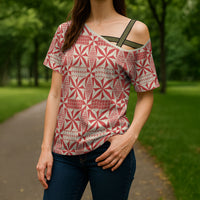 Red Ngatu Pattern Malo e Lelei Tonga Cross Shoulder Shirt LT14 - Polynesian Pride