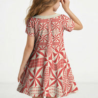 Red Ngatu Pattern Malo e Lelei Tonga Kid Short Sleeve Dress LT14 - Polynesian Pride