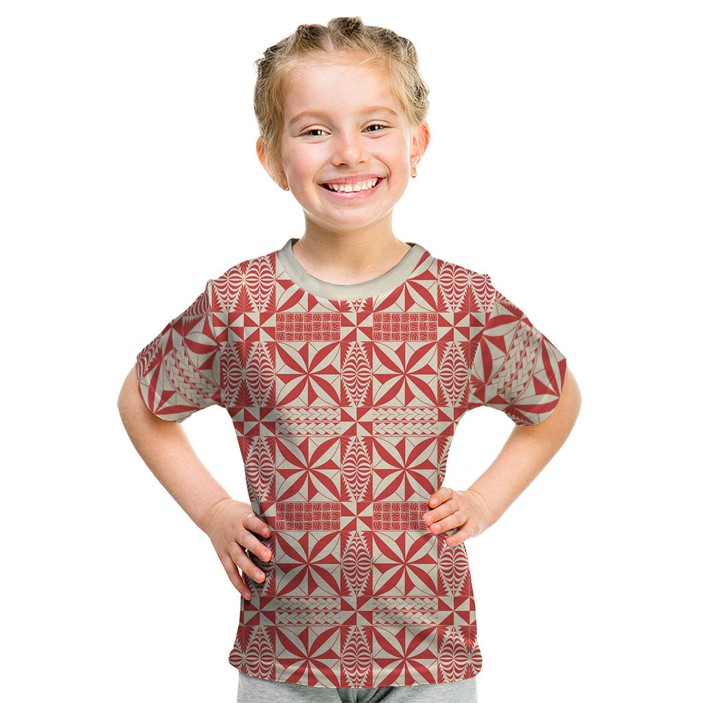 Red Ngatu Pattern Malo e Lelei Tonga Kid T Shirt LT14 Red - Polynesian Pride