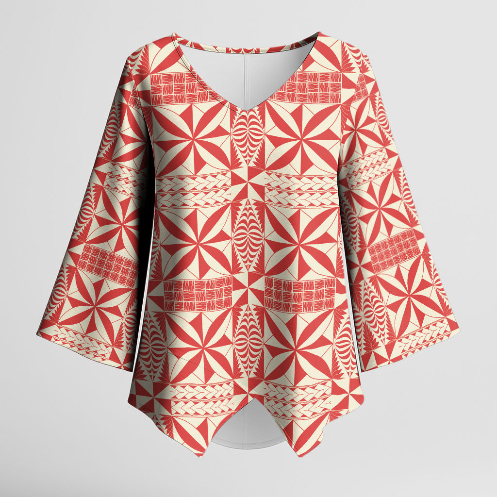 Red Ngatu Pattern Malo e Lelei Tonga Kimono Sleeve Blouse LT14 Female Red - Polynesian Pride