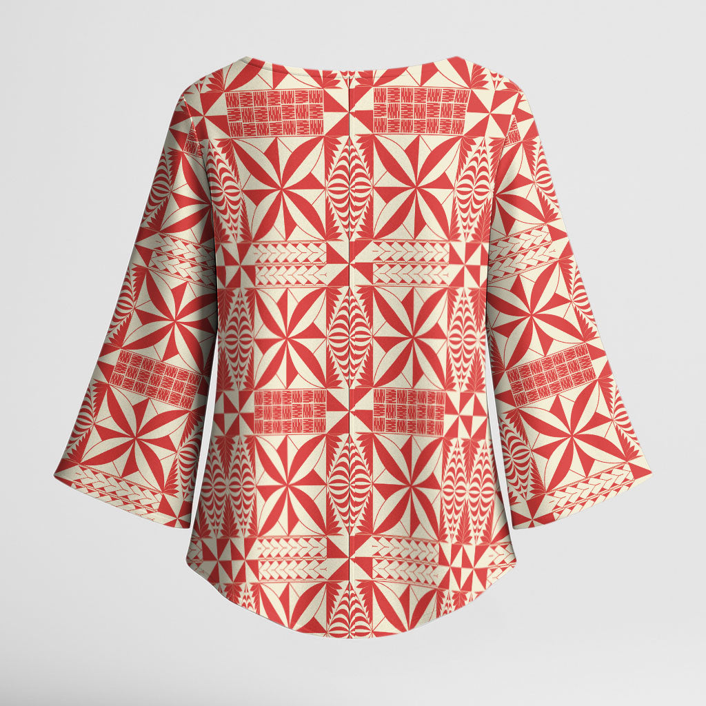Red Ngatu Pattern Malo e Lelei Tonga Kimono Sleeve Blouse LT14 - Polynesian Pride