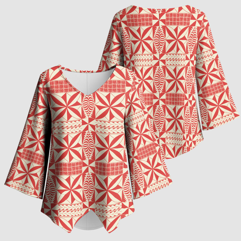 Red Ngatu Pattern Malo e Lelei Tonga Kimono Sleeve Blouse LT14 - Polynesian Pride