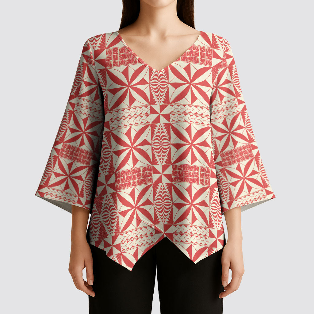 Red Ngatu Pattern Malo e Lelei Tonga Kimono Sleeve Blouse LT14 - Polynesian Pride