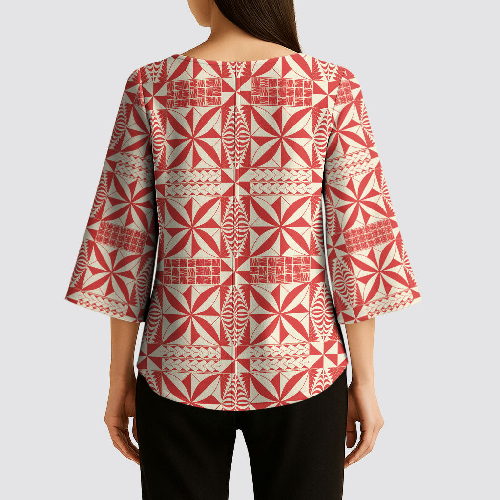 Red Ngatu Pattern Malo e Lelei Tonga Kimono Sleeve Blouse LT14 - Polynesian Pride