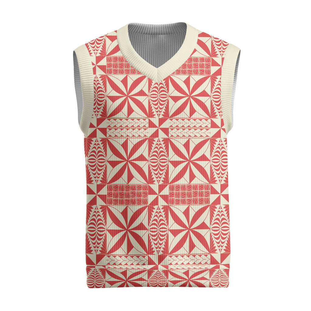 Red Ngatu Pattern Malo e Lelei Tonga Christmas Knitted V-Neck Vest LT14 Red - Polynesian Pride