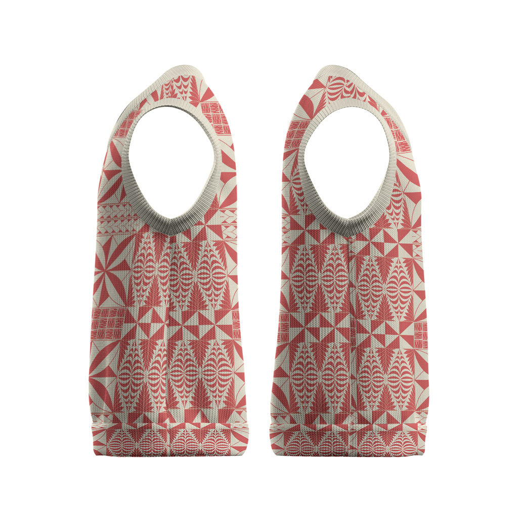 Red Ngatu Pattern Malo e Lelei Tonga Christmas Knitted V-Neck Vest LT14 - Polynesian Pride