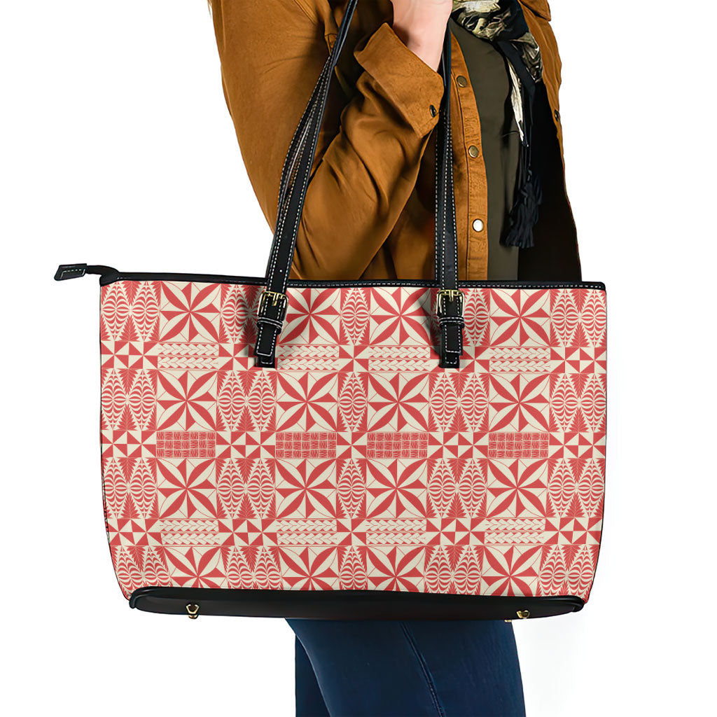 Red Ngatu Pattern Malo e Lelei Tonga Leather Tote Bag LT14 - Polynesian Pride