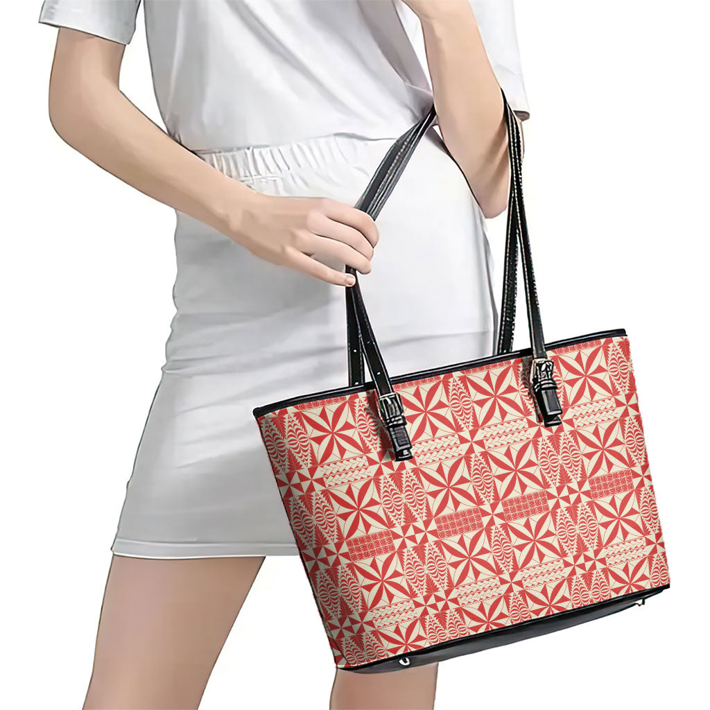 Red Ngatu Pattern Malo e Lelei Tonga Leather Tote Bag LT14 - Polynesian Pride