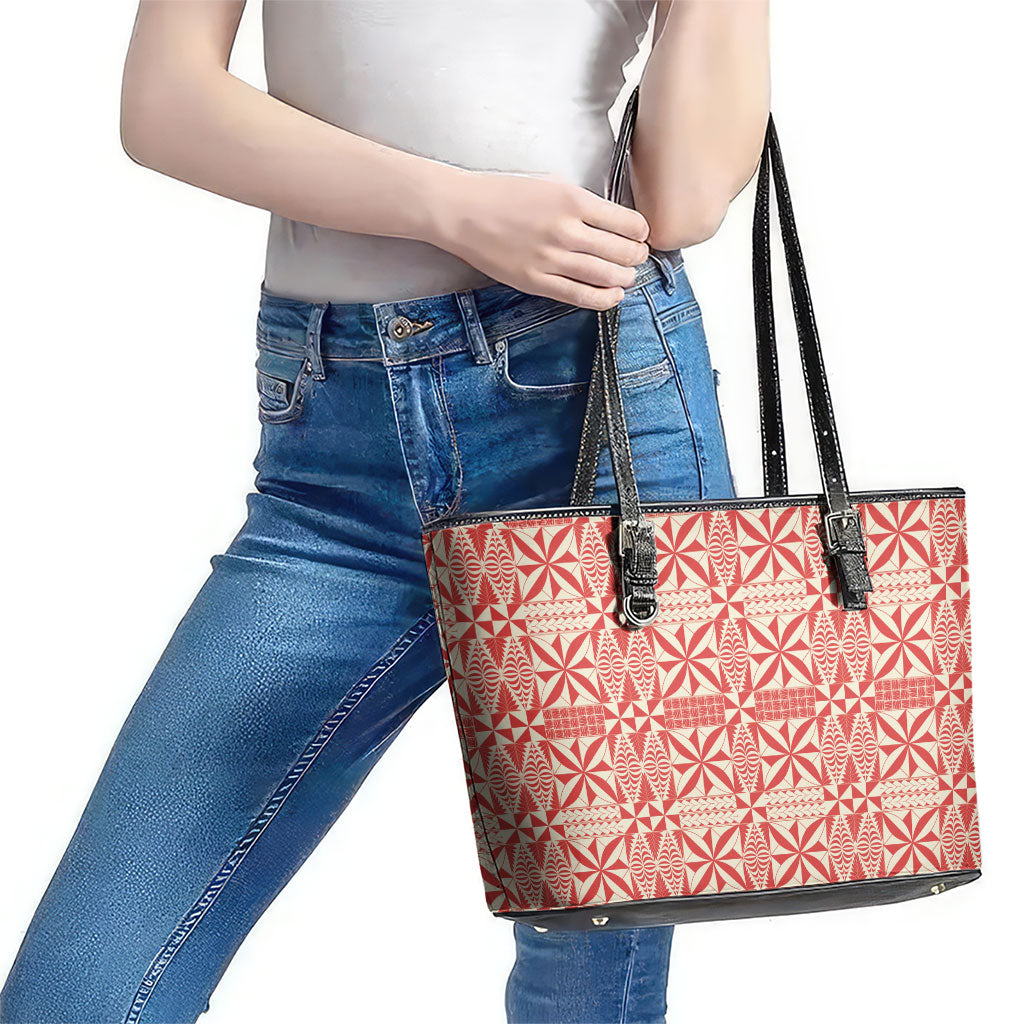 Red Ngatu Pattern Malo e Lelei Tonga Leather Tote Bag LT14 - Polynesian Pride