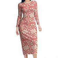 Red Ngatu Pattern Malo e Lelei Tonga Long Sleeve Bodycon Dress LT14 Long Dress Red - Polynesian Pride