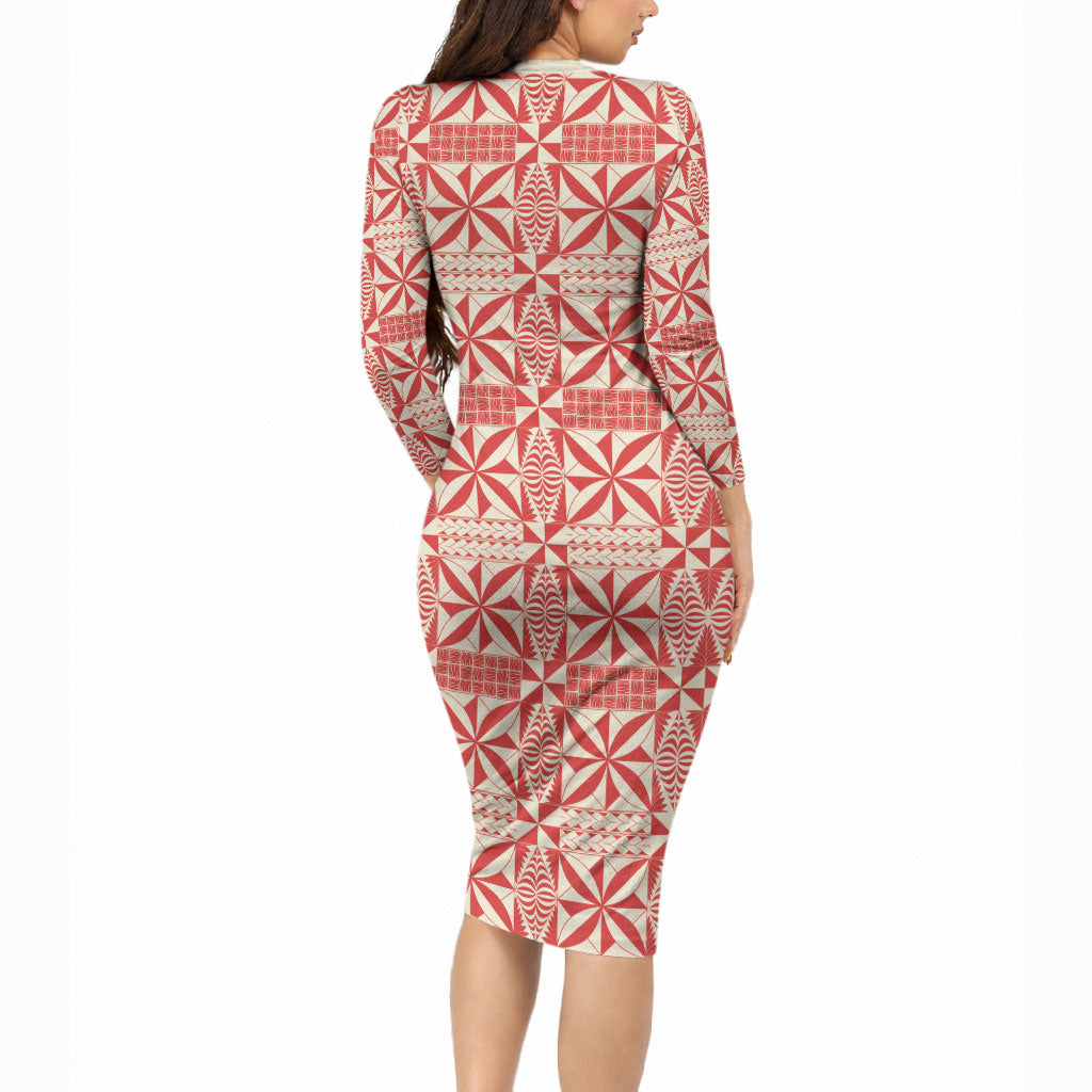 Red Ngatu Pattern Malo e Lelei Tonga Long Sleeve Bodycon Dress LT14 - Polynesian Pride