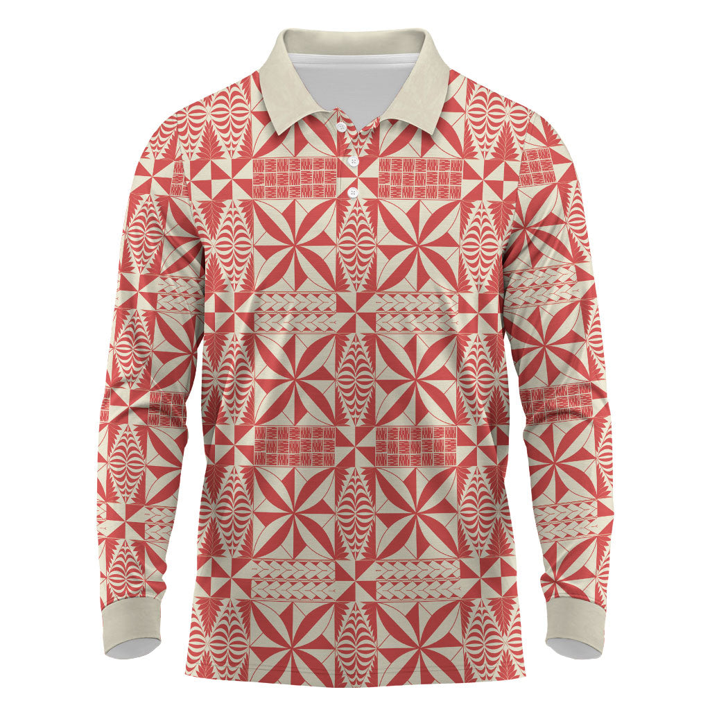 Red Ngatu Pattern Malo e Lelei Tonga Long Sleeve Polo Shirt LT14 Red - Polynesian Pride