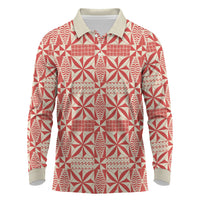 Red Ngatu Pattern Malo e Lelei Tonga Long Sleeve Polo Shirt LT14 Red - Polynesian Pride