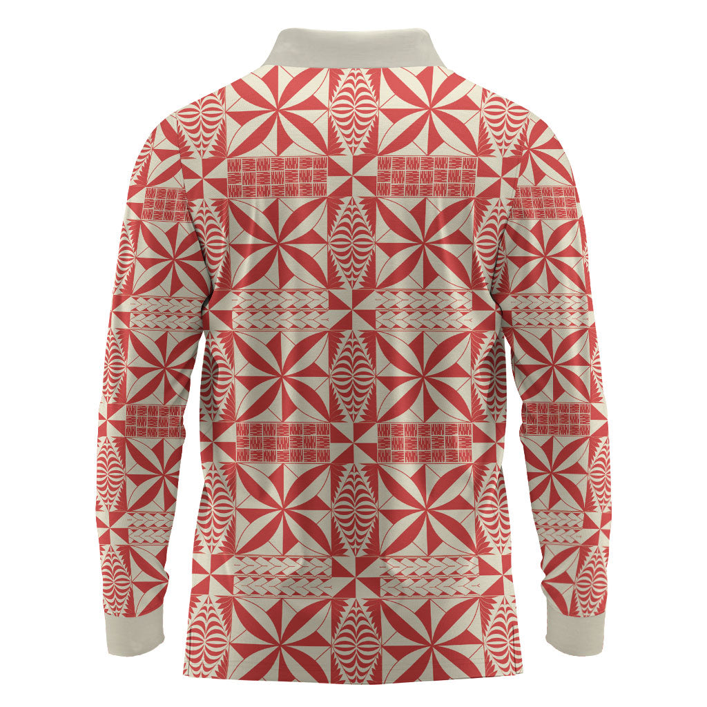 Red Ngatu Pattern Malo e Lelei Tonga Long Sleeve Polo Shirt LT14 - Polynesian Pride