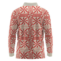 Red Ngatu Pattern Malo e Lelei Tonga Long Sleeve Polo Shirt LT14 - Polynesian Pride