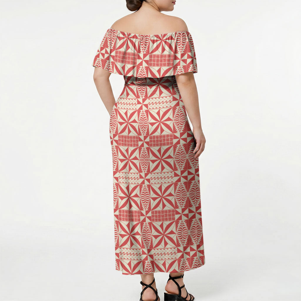 Red Ngatu Pattern Malo e Lelei Tonga Off Shoulder Maxi Dress LT14 - Polynesian Pride