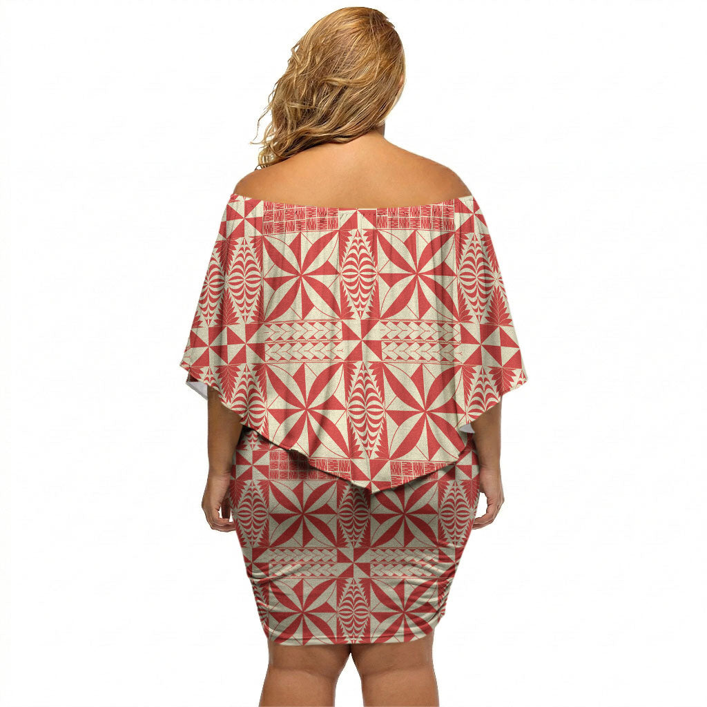 Red Ngatu Pattern Malo e Lelei Tonga Off Shoulder Short Dress LT14 - Polynesian Pride