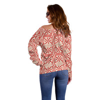 Red Ngatu Pattern Malo e Lelei Tonga Off Shoulder Sweater LT14 - Polynesian Pride