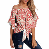 Red Ngatu Pattern Malo e Lelei Tonga Off Shoulder Wrap Waist Top LT14 Red - Polynesian Pride