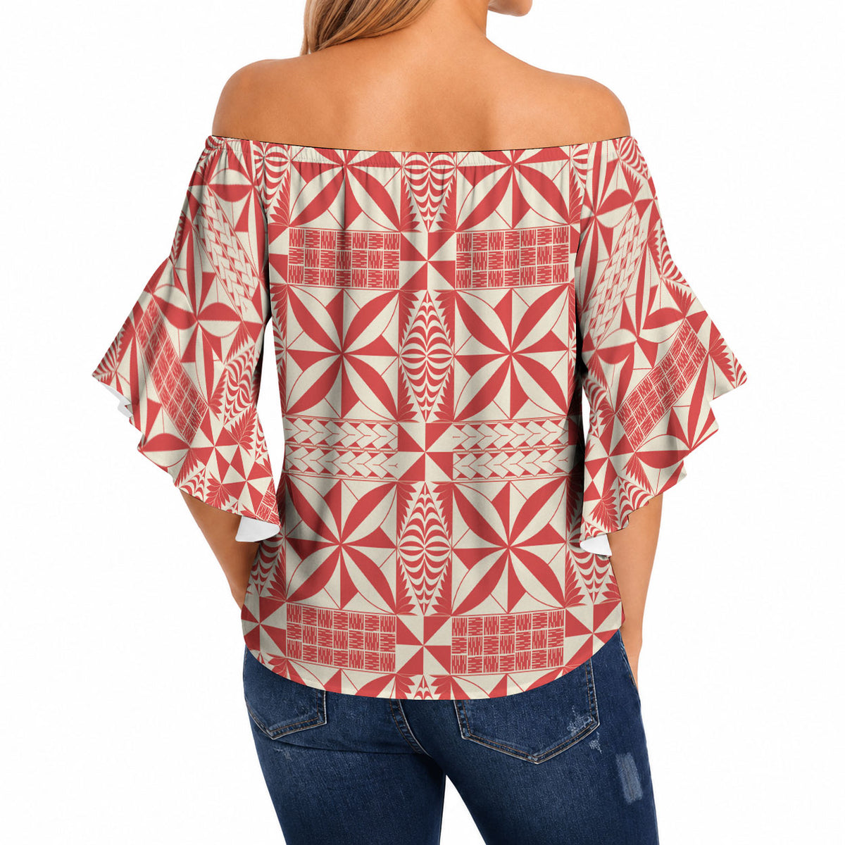 Red Ngatu Pattern Malo e Lelei Tonga Off Shoulder Wrap Waist Top LT14 - Polynesian Pride