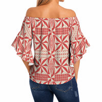 Red Ngatu Pattern Malo e Lelei Tonga Off Shoulder Wrap Waist Top LT14 - Polynesian Pride
