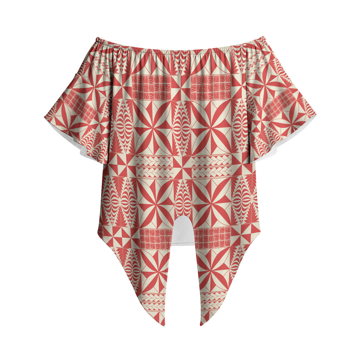 Red Ngatu Pattern Malo e Lelei Tonga Off Shoulder Wrap Waist Top LT14 - Polynesian Pride